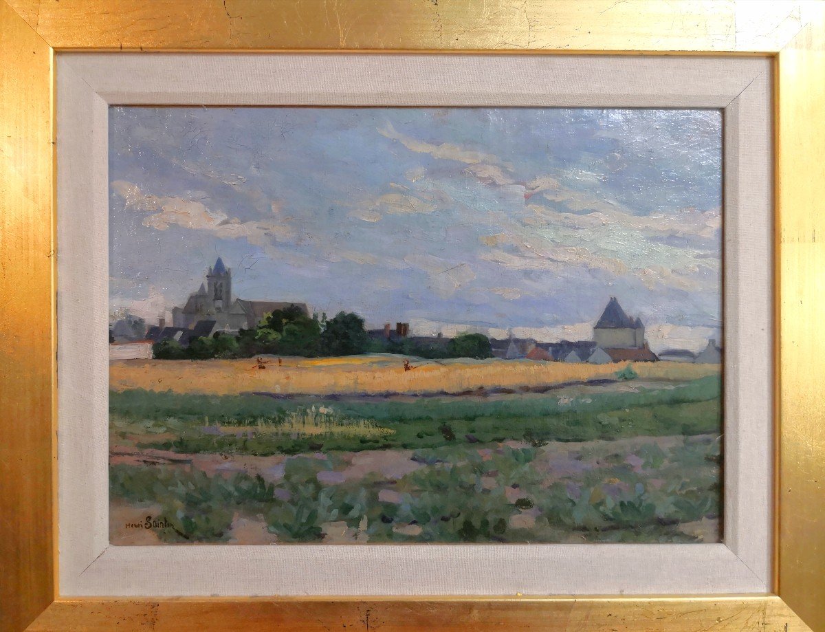 Henri Saintin (1846-1899) Village et champs de blé / Huile Sur Toile -photo-2