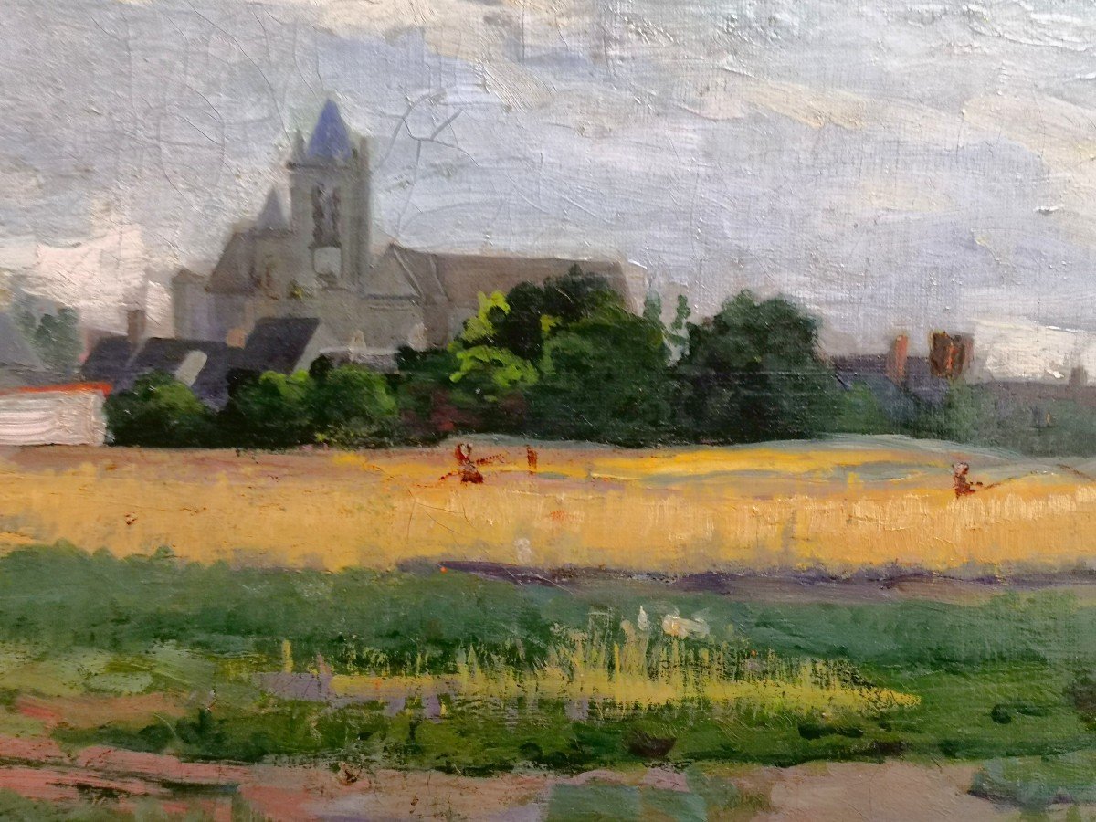 Henri Saintin (1846-1899) Village et champs de blé / Huile Sur Toile -photo-4