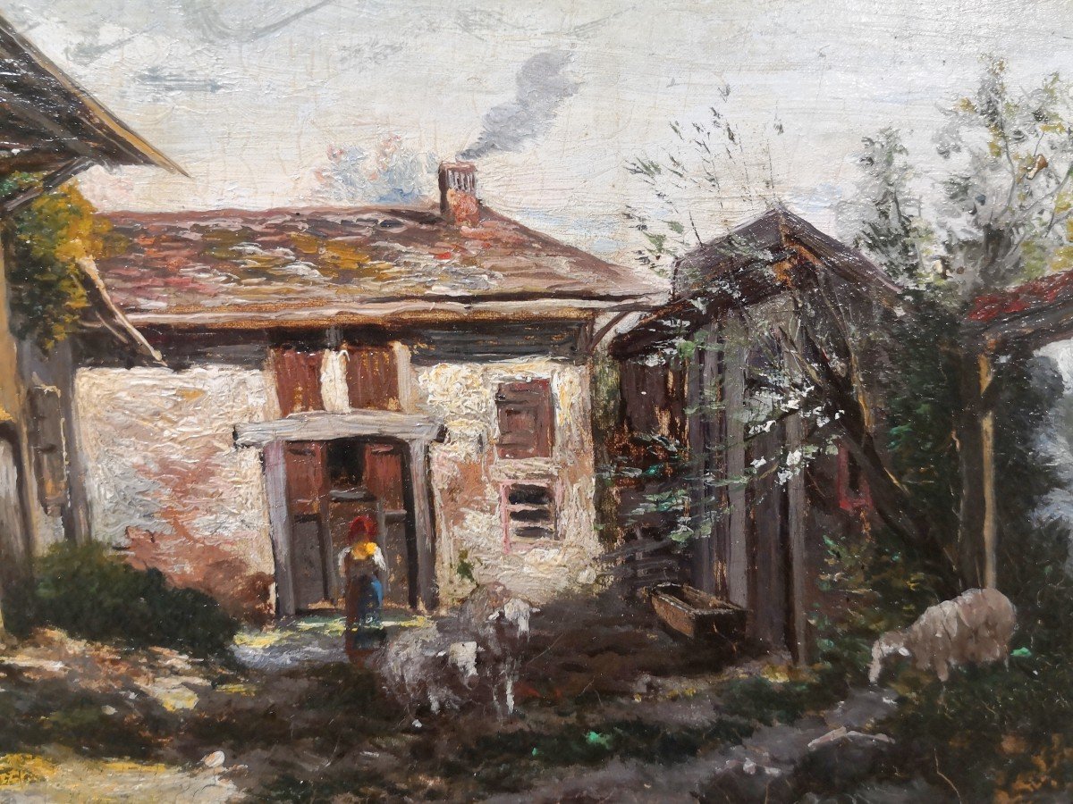 Charles Émile JACQUE  (1813-1894) / Cour de ferme / huile sur panneau parqueté -photo-3