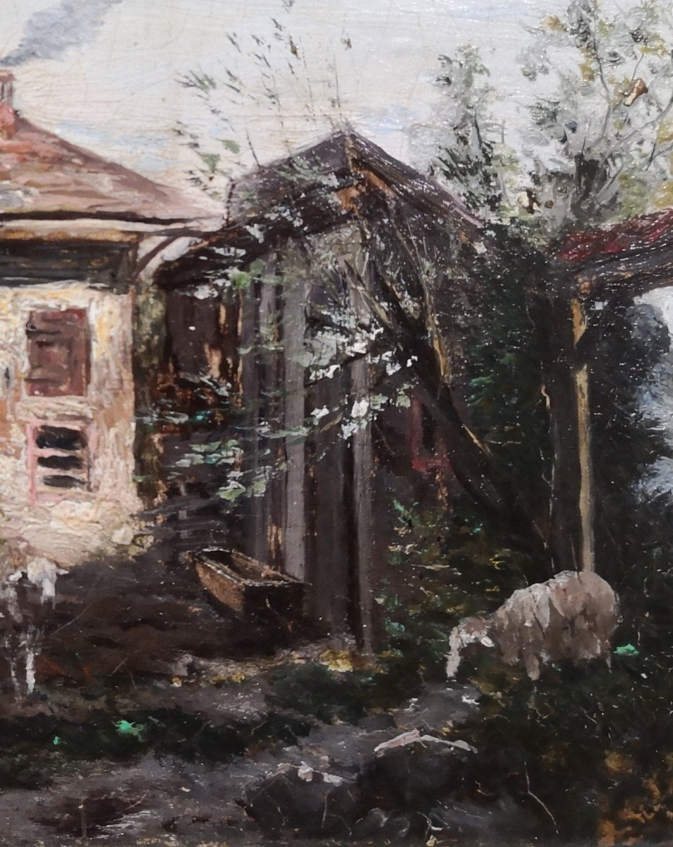 Charles Émile JACQUE  (1813-1894) / Cour de ferme / huile sur panneau parqueté -photo-4
