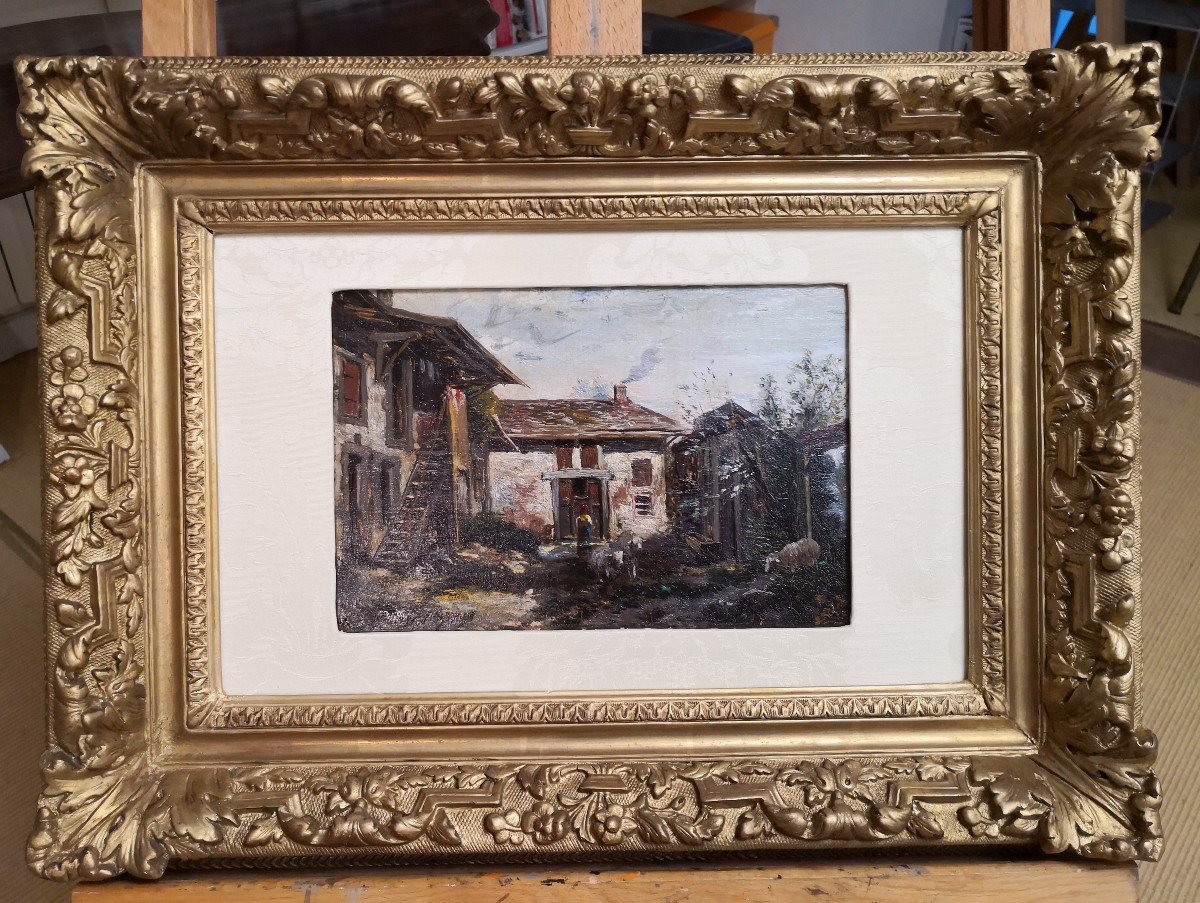 Charles Émile JACQUE  (1813-1894) / Cour de ferme / huile sur panneau parqueté -photo-1