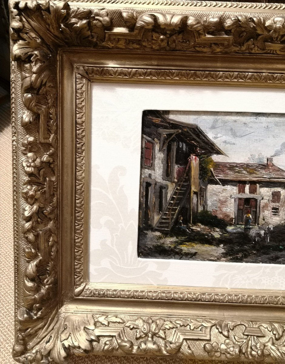 Charles Émile JACQUE  (1813-1894) / Cour de ferme / huile sur panneau parqueté -photo-2