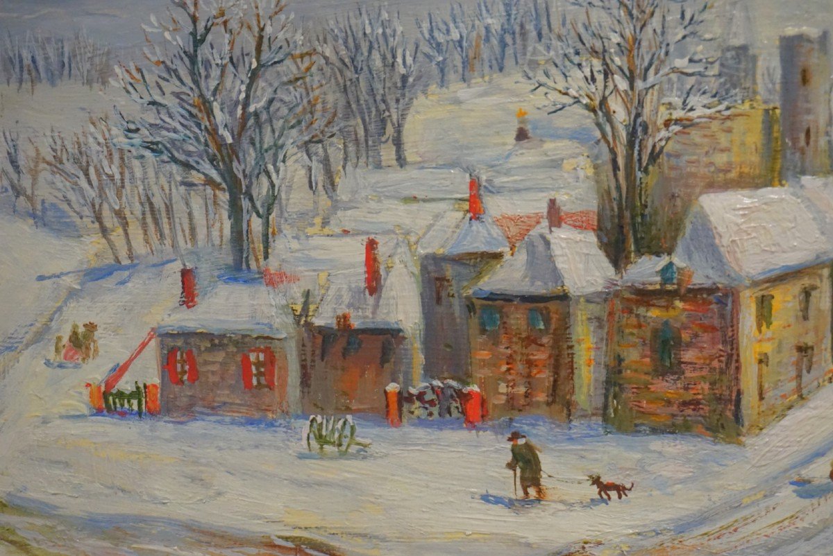 Naive School / Raffy Le Persian (1920-2008) / Snowy Village / Oil On Panel-photo-4