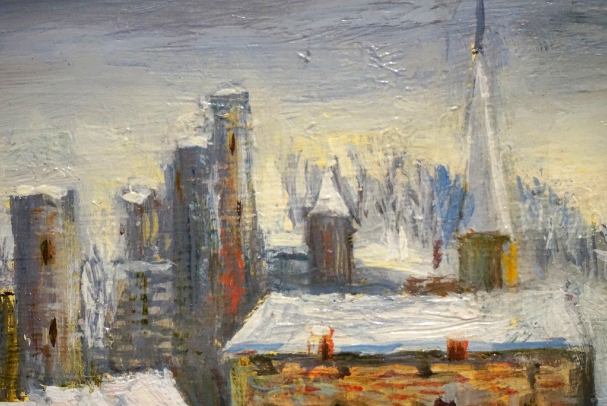 Naive School / Raffy Le Persian (1920-2008) / Snowy Village / Oil On Panel-photo-4