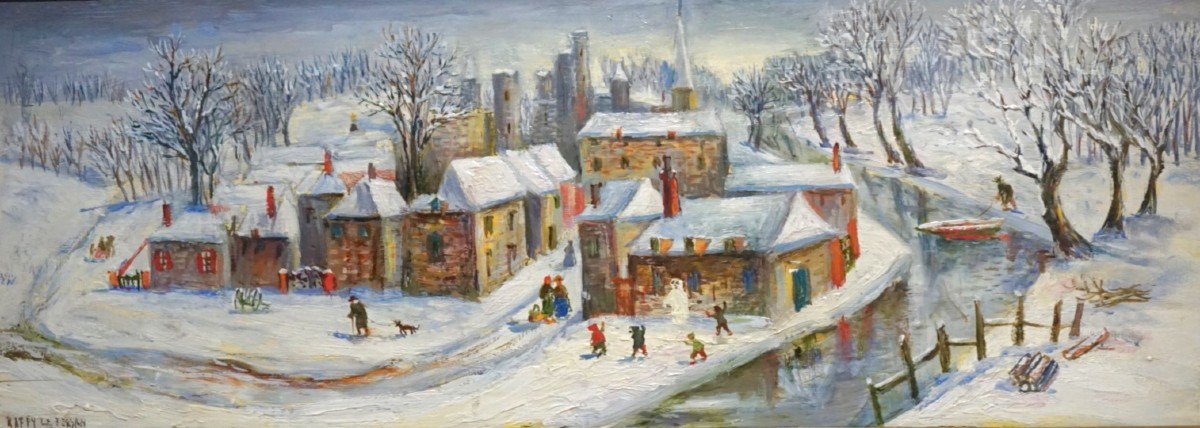 Naive School / Raffy Le Persian (1920-2008) / Snowy Village / Oil On Panel