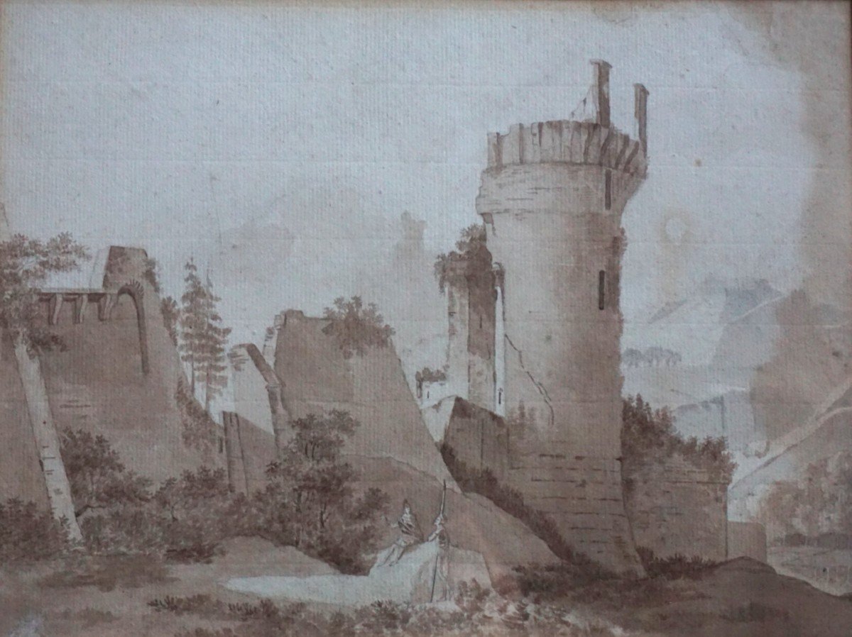 Thomas-charles Naudet (attributed To) (1778-1810) / Drawing / Landscape With Castle In Ruins