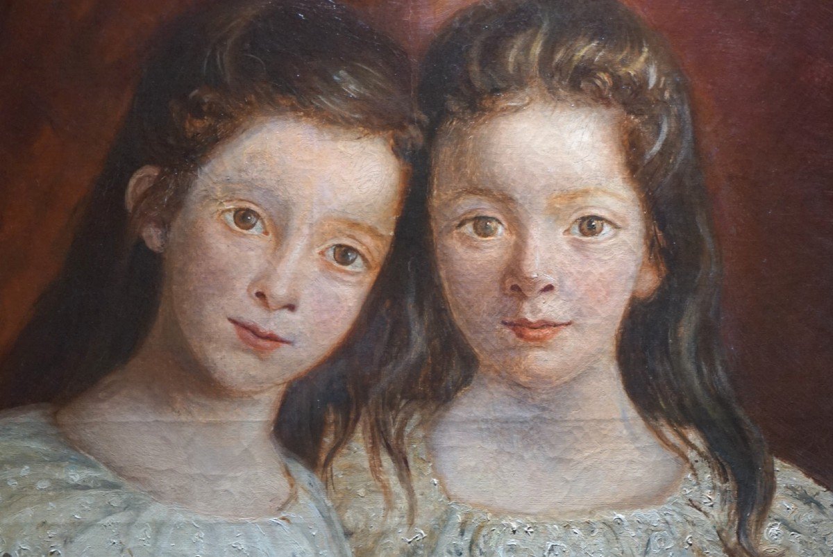 French School / Two Sisters With A Bouquet Of Flowers / Around 1880 / Oil On Canvas-photo-2