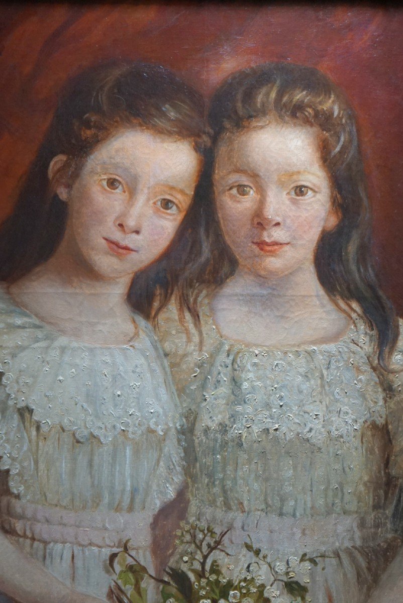 French School / Two Sisters With A Bouquet Of Flowers / Around 1880 / Oil On Canvas-photo-3