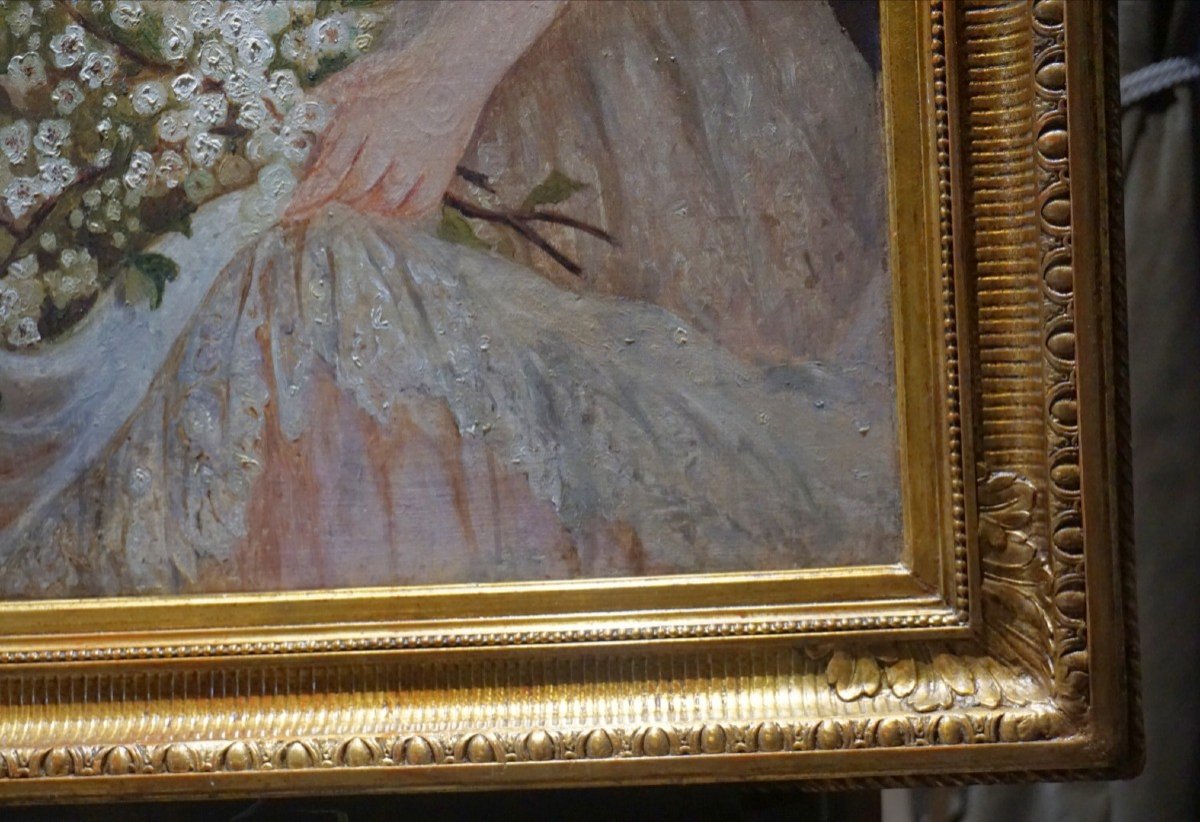 French School / Two Sisters With A Bouquet Of Flowers / Around 1880 / Oil On Canvas-photo-3