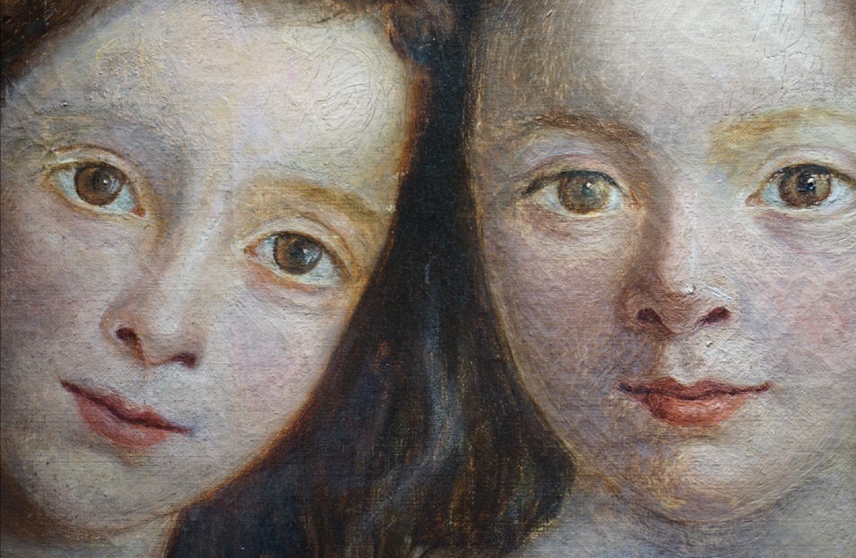 French School / Two Sisters With A Bouquet Of Flowers / Around 1880 / Oil On Canvas-photo-5