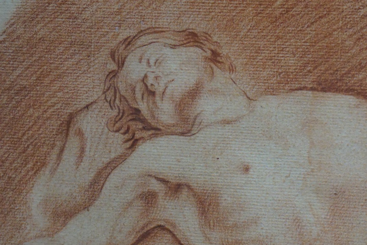18th Century Drawing / Naked Man Lying On A Stone / Sanguine-photo-3