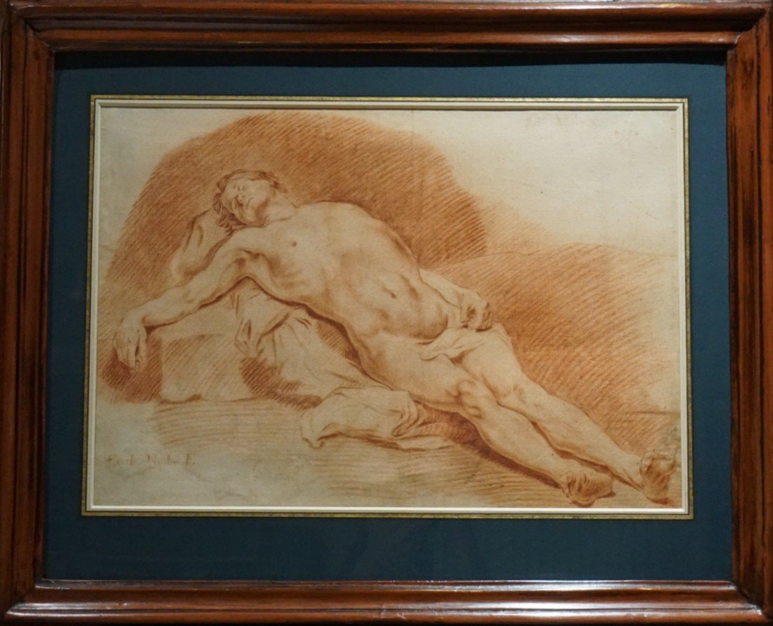 18th Century Drawing / Naked Man Lying On A Stone / Sanguine-photo-1