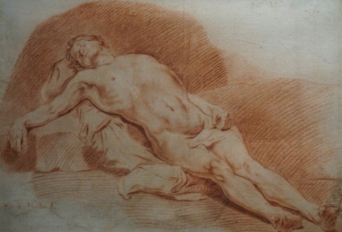 18th Century Drawing / Naked Man Lying On A Stone / Sanguine