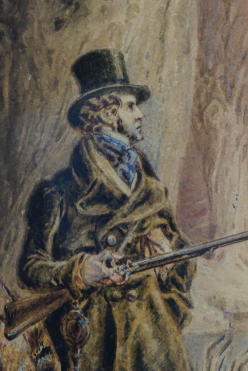 English School Circa 1820 / W. Health (1794-1840) / Aristocrat On The Hunt / Watercolor And Oil-photo-2