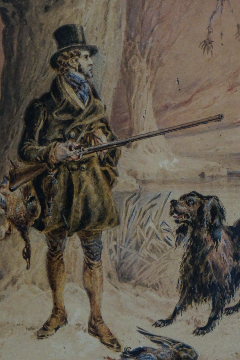 English School Circa 1820 / W. Health (1794-1840) / Aristocrat On The Hunt / Watercolor And Oil-photo-3
