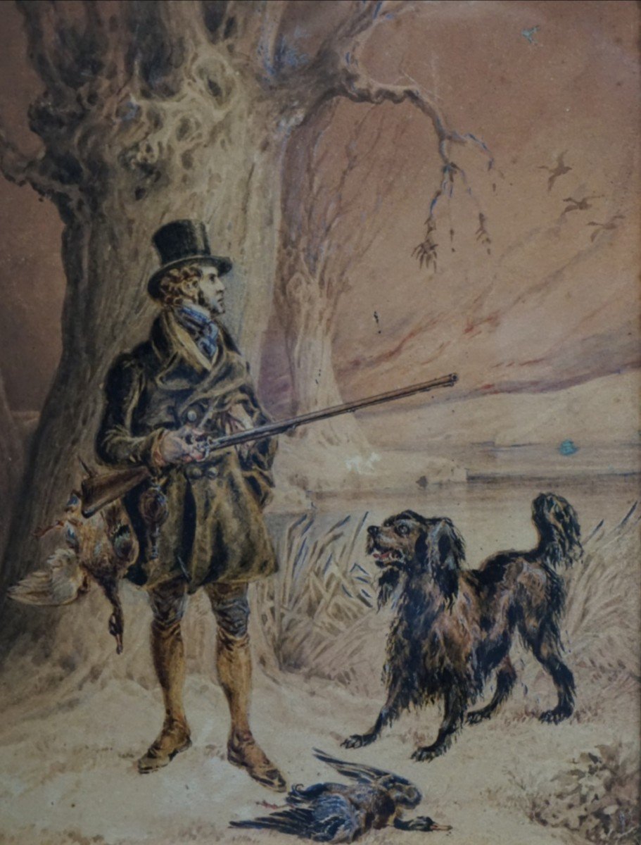 ÉCOLE ANGLAISE CIRCA 1820 / W. Health (1794-1840) /Aristocrate à la chasse / aquarelle et huile