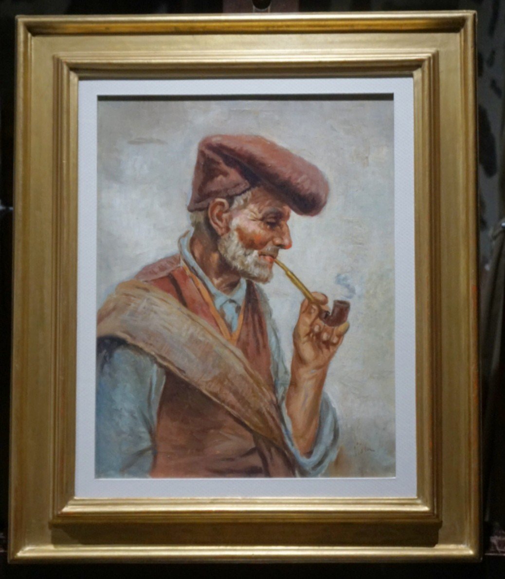 ÉCOLE ITALIENNE XIX / Vieux paysan italien fumant la pipe / huile sur toile / Signée VIALA - ID:-photo-2