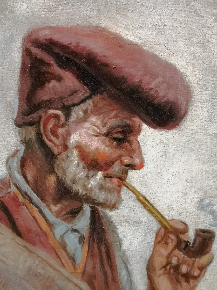 ÉCOLE ITALIENNE XIX / Vieux paysan italien fumant la pipe / huile sur toile / Signée VIALA - ID:-photo-1