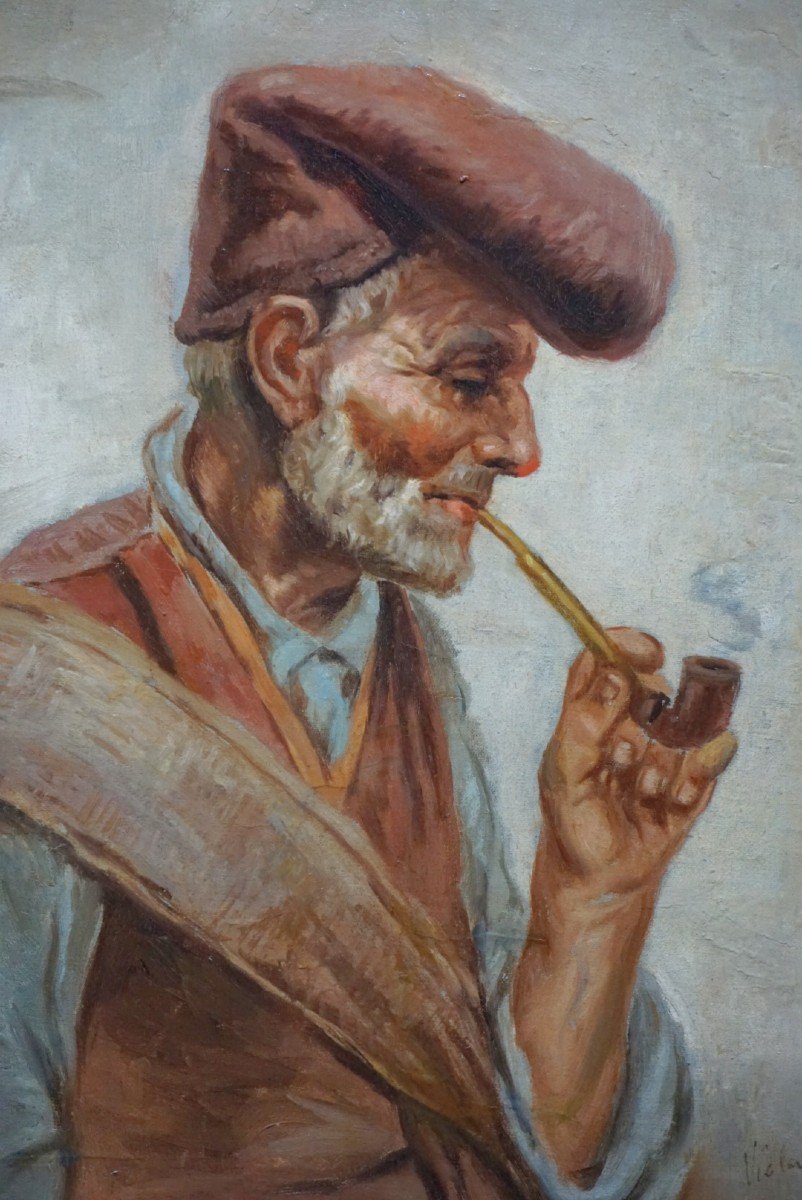 ÉCOLE ITALIENNE XIX / Vieux paysan italien fumant la pipe / huile sur toile / Signée VIALA - ID:
