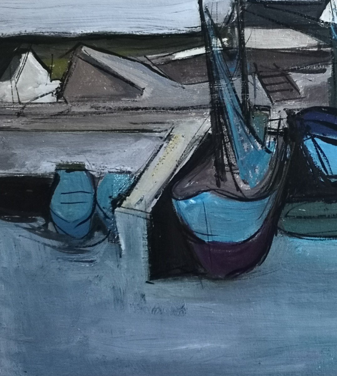 ÉCOLE BRETONNE / Pierre André Bouey / Vue du Port de DOËLAN / datée 1963 / huile sur toile-photo-2