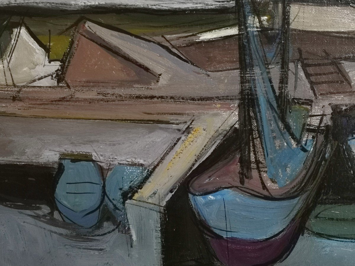 ÉCOLE BRETONNE / Pierre André Bouey / Vue du Port de DOËLAN / datée 1963 / huile sur toile-photo-3