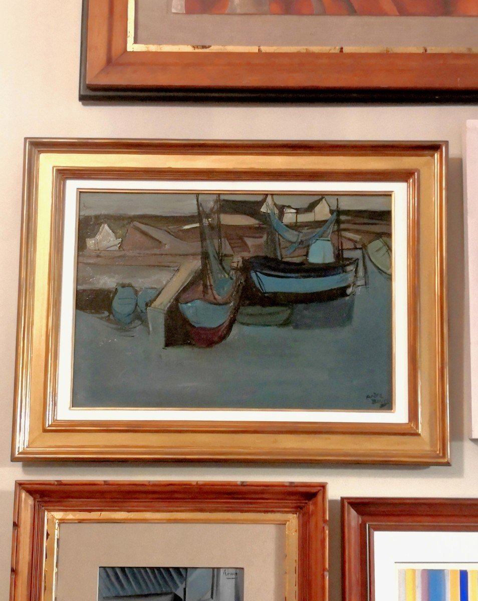 ÉCOLE BRETONNE / Pierre André Bouey / Vue du Port de DOËLAN / datée 1963 / huile sur toile-photo-6