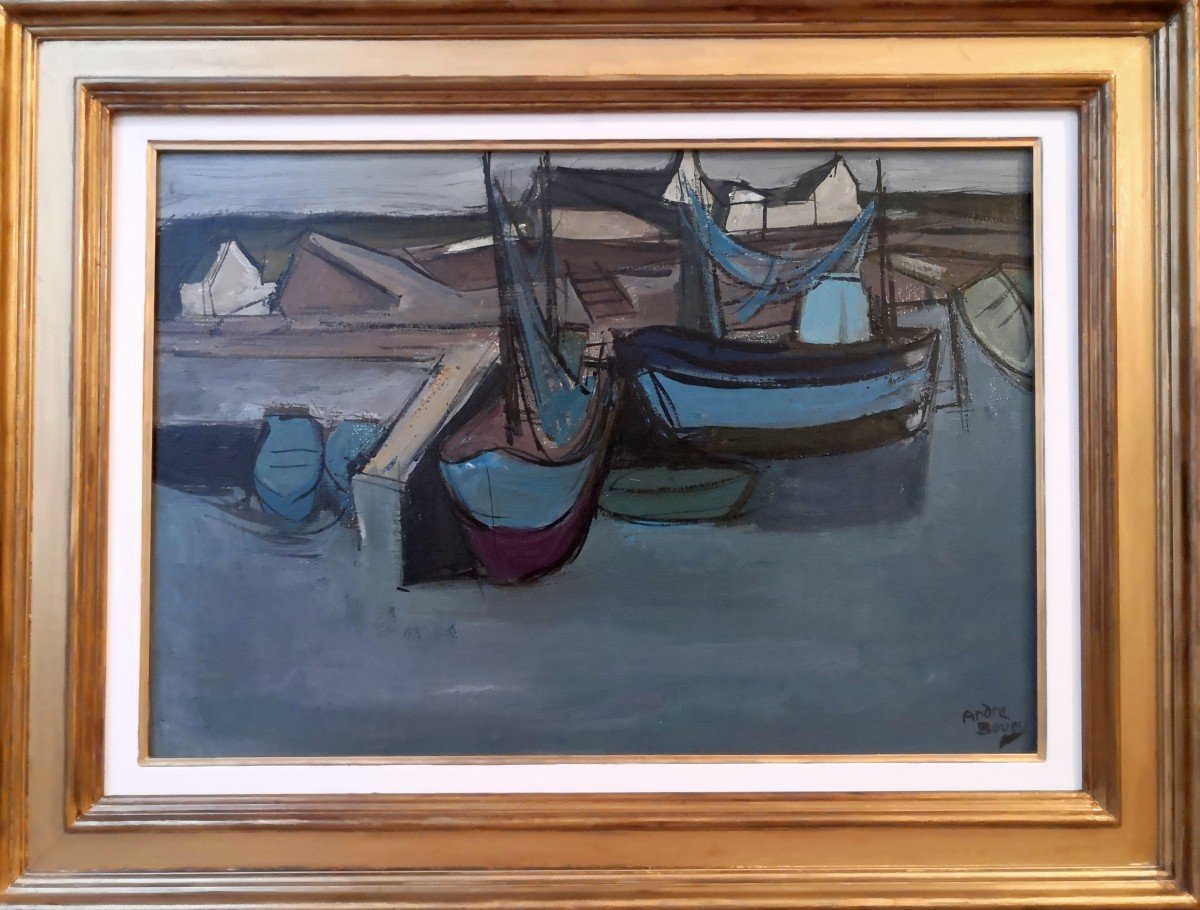 ÉCOLE BRETONNE / Pierre André Bouey / Vue du Port de DOËLAN / datée 1963 / huile sur toile