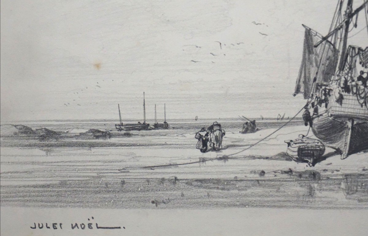 JULES NOËL (1810-1881) / PÊCHEURS ET BATEAUX SUR LA PLAGE / dessin-photo-4