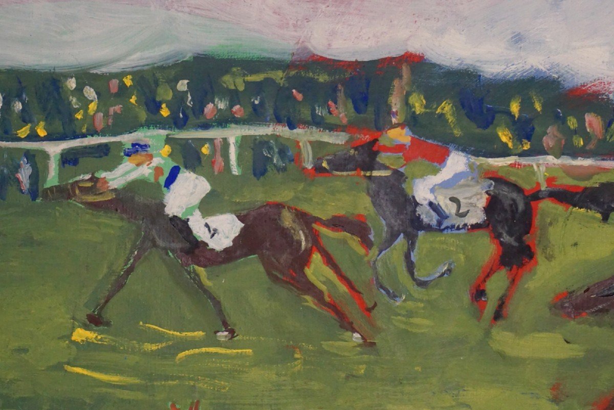 JACQUES ENDZEL (1927-2014) / École de Paris / Course de chevaux / huile sur toile -photo-2
