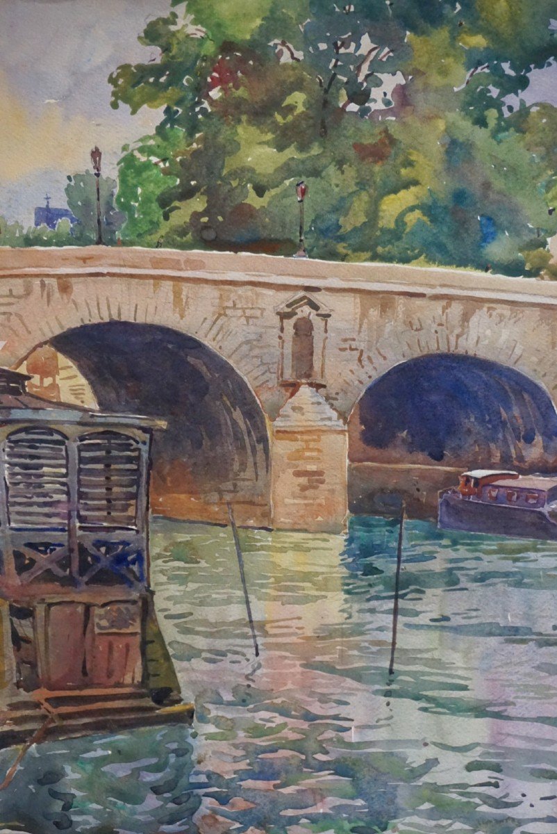 PONT MARIE EN BORD DE SEINE AVEC CABINE DE BAINS / PARIS / A.A. DEBERGUE (1872-1948) DATÉE AOÛT 1930 / AQUARELLE-photo-4