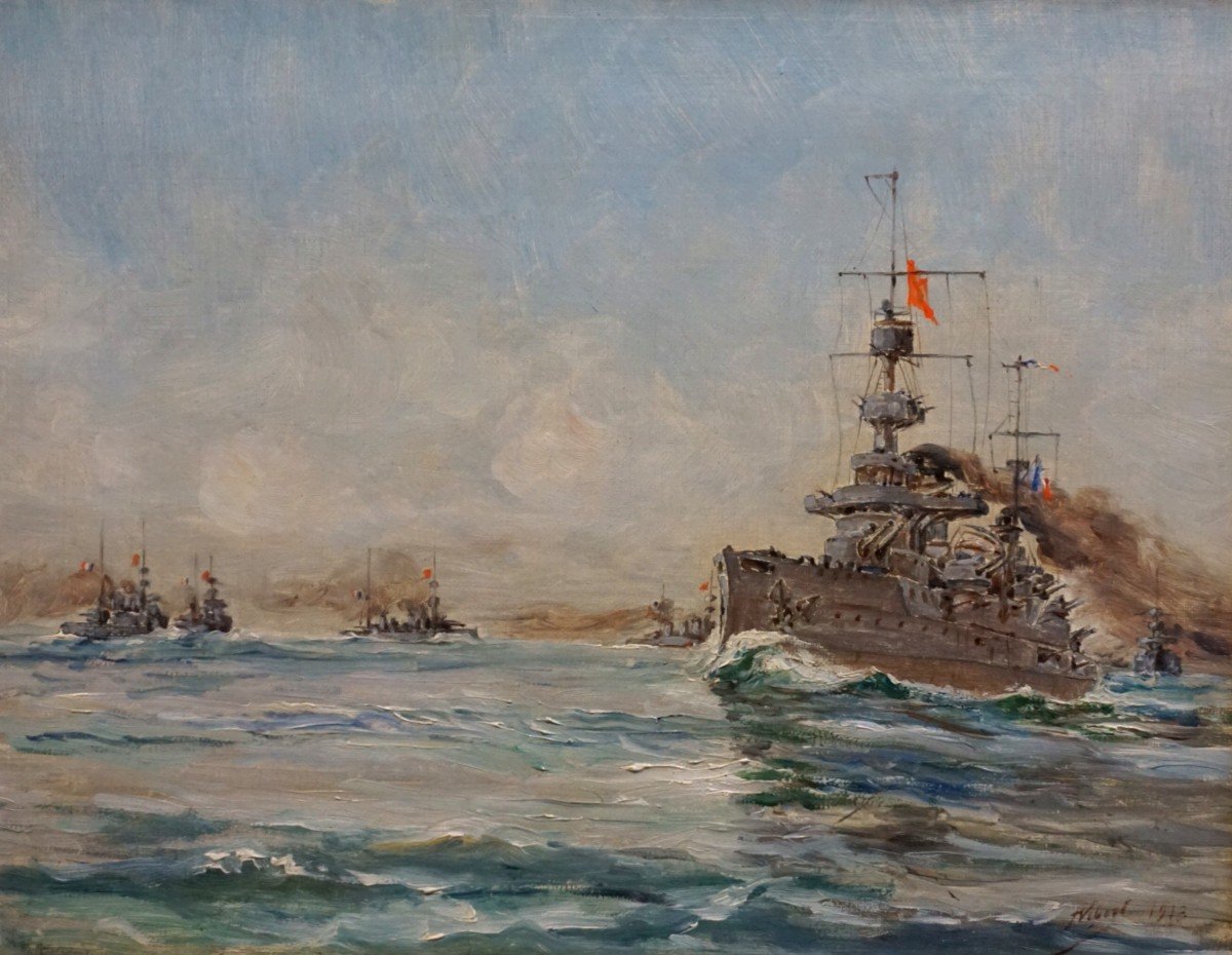 MILITARIA - CUIRASSÉS DE LA MARINE FRANÇAISE/ HUILE SUR TOILE DATÉE 1913 -photo-3
