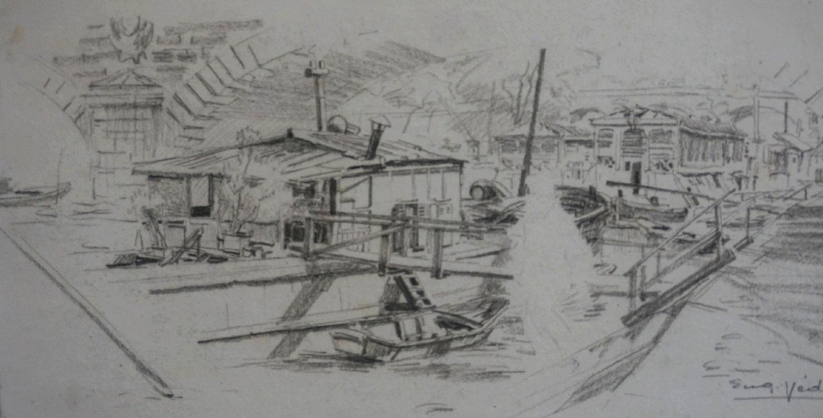 PARIS / LAVOIRS FLOTTANTS SUR LA SEINE / ANNÉES 20 / EUGÈNE VÉDER (1876-1936) / DESSIN