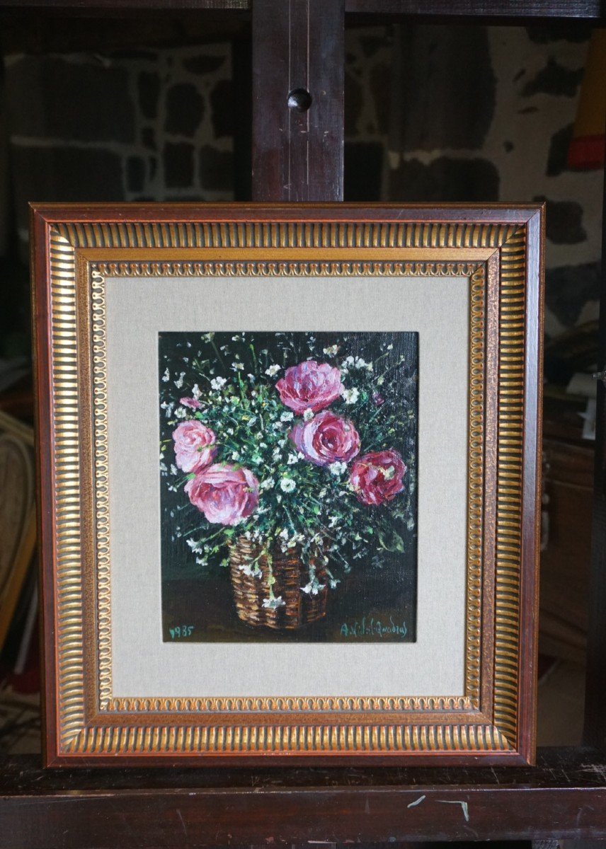 ÉCOLE ESPAGNOLE / ALEJO VIDAL-QUADRAS (1919-1994) / NATURE MORTE AUX FLEURS  / HUILE SUR TOILE-photo-4