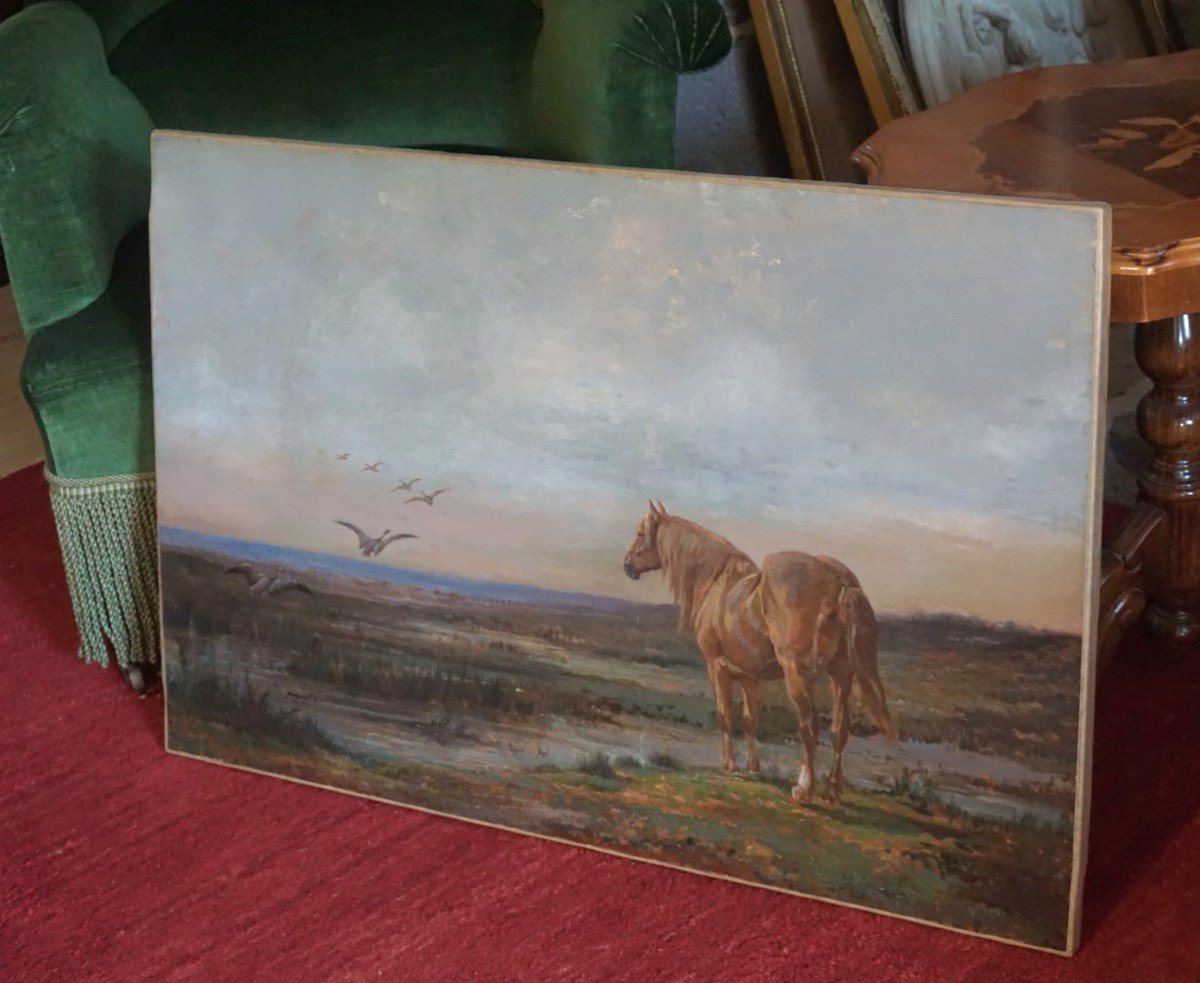 CHEVAL EN CAMARGUE / FIN XIX ème Siècle / HUILE SUR TOILE-photo-5