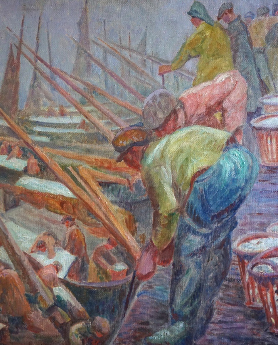 GEORGES GRIOIS (1872-1944) / RETOUR DE PÊCHE AUX HARENGS / BOULOGNE-SUR-MER / huile sur toile -photo-3
