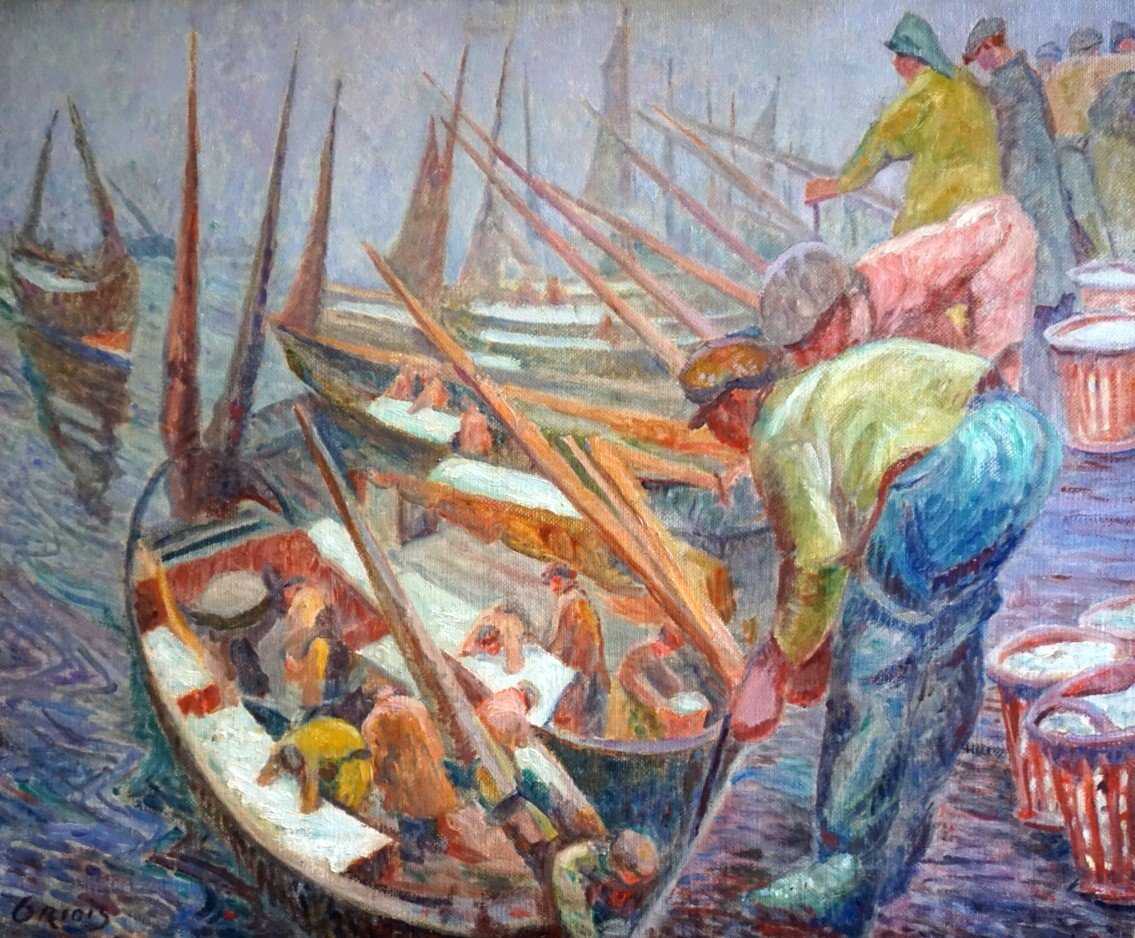 GEORGES GRIOIS (1872-1944) / RETOUR DE PÊCHE AUX HARENGS / BOULOGNE-SUR-MER / huile sur toile -photo-4
