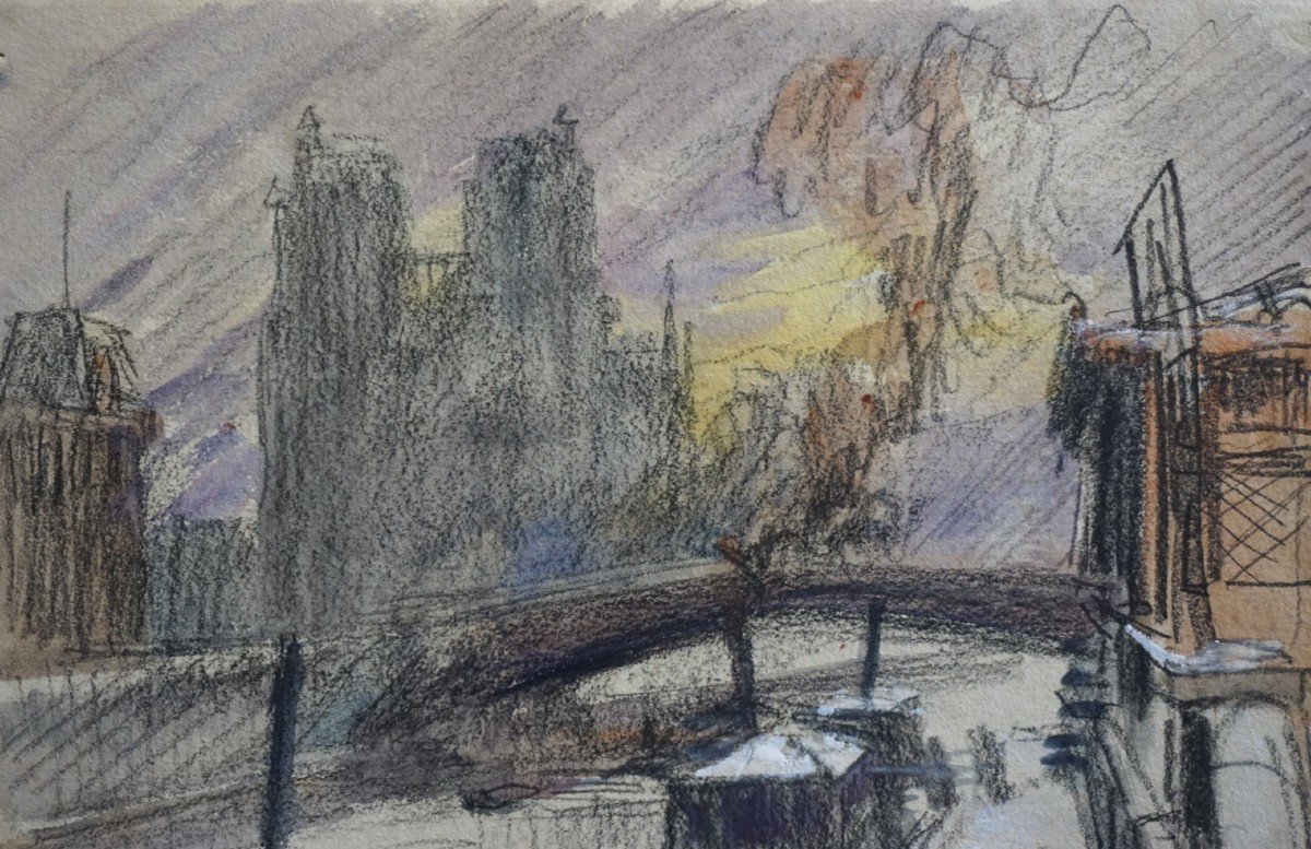 PARIS BORDS DE SEINE / QUAI SAINT MICHEL / CIRCA 1910 / EUGÈNE VÉDER (1876-1936)-photo-2