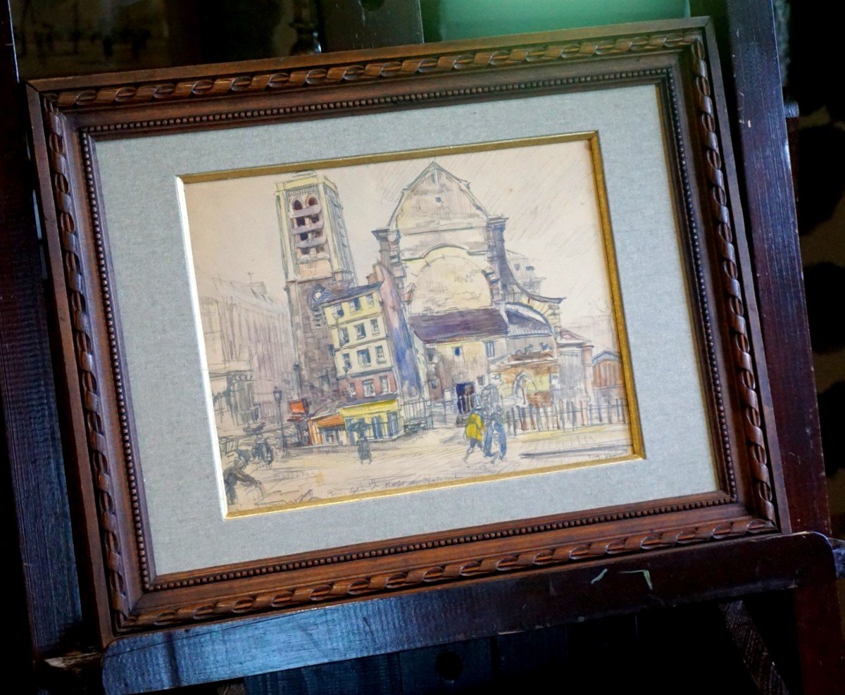 PARIS HISTORIQUE CIRCA 1910 /ÉGLISE ST NICOLAS DU CHARDONNET / E. VÉDER (1876-1936) / Aquarelle-photo-2