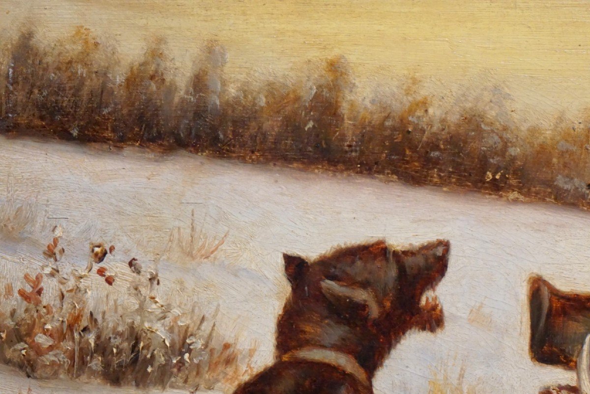 ECOLE NAÏVE XIX ème siècle/ SCÈNE DE CHASSE / huile sur carton-photo-2
