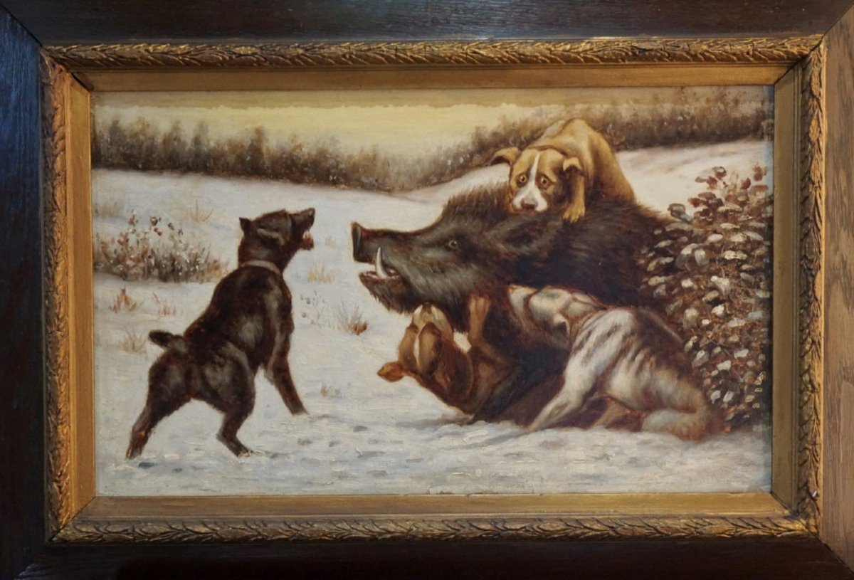 ECOLE NAÏVE XIX ème siècle/ SCÈNE DE CHASSE / huile sur carton-photo-5
