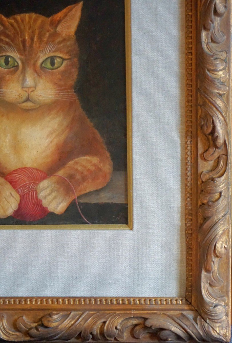 ÉCOLE NAÏVE DU XIX ème siècle / PORTRAIT DE CHAT / huile sur papier-photo-8