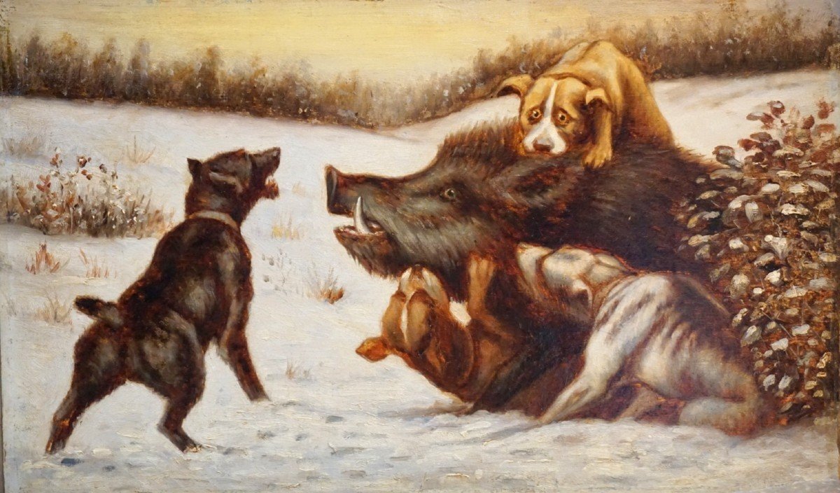 XIXème siècle / DEUX SCÈNES DE CHASSE FAISANT PENDANT/ huiles sur carton -photo-3