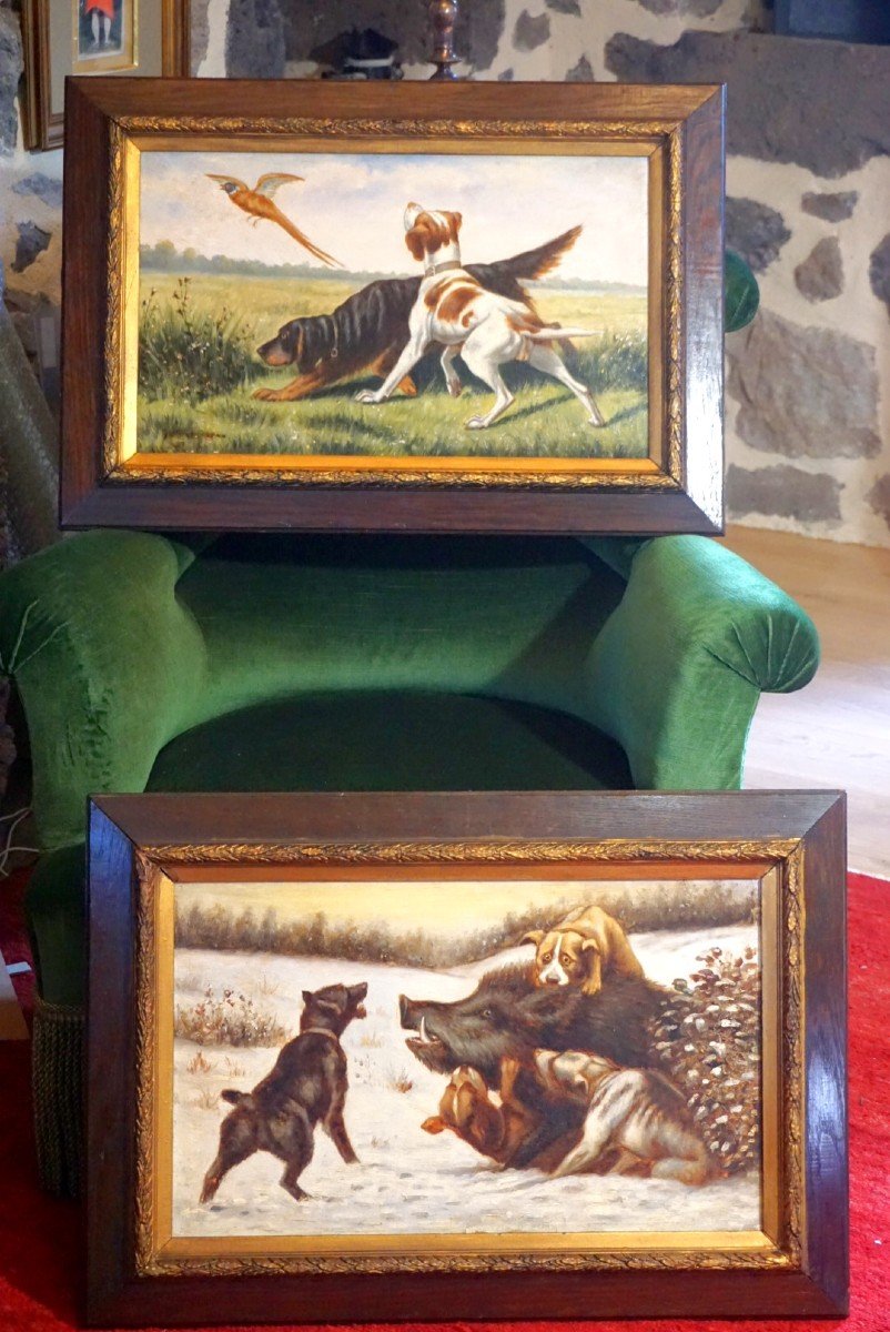 XIXème siècle / DEUX SCÈNES DE CHASSE FAISANT PENDANT/ huiles sur carton -photo-2