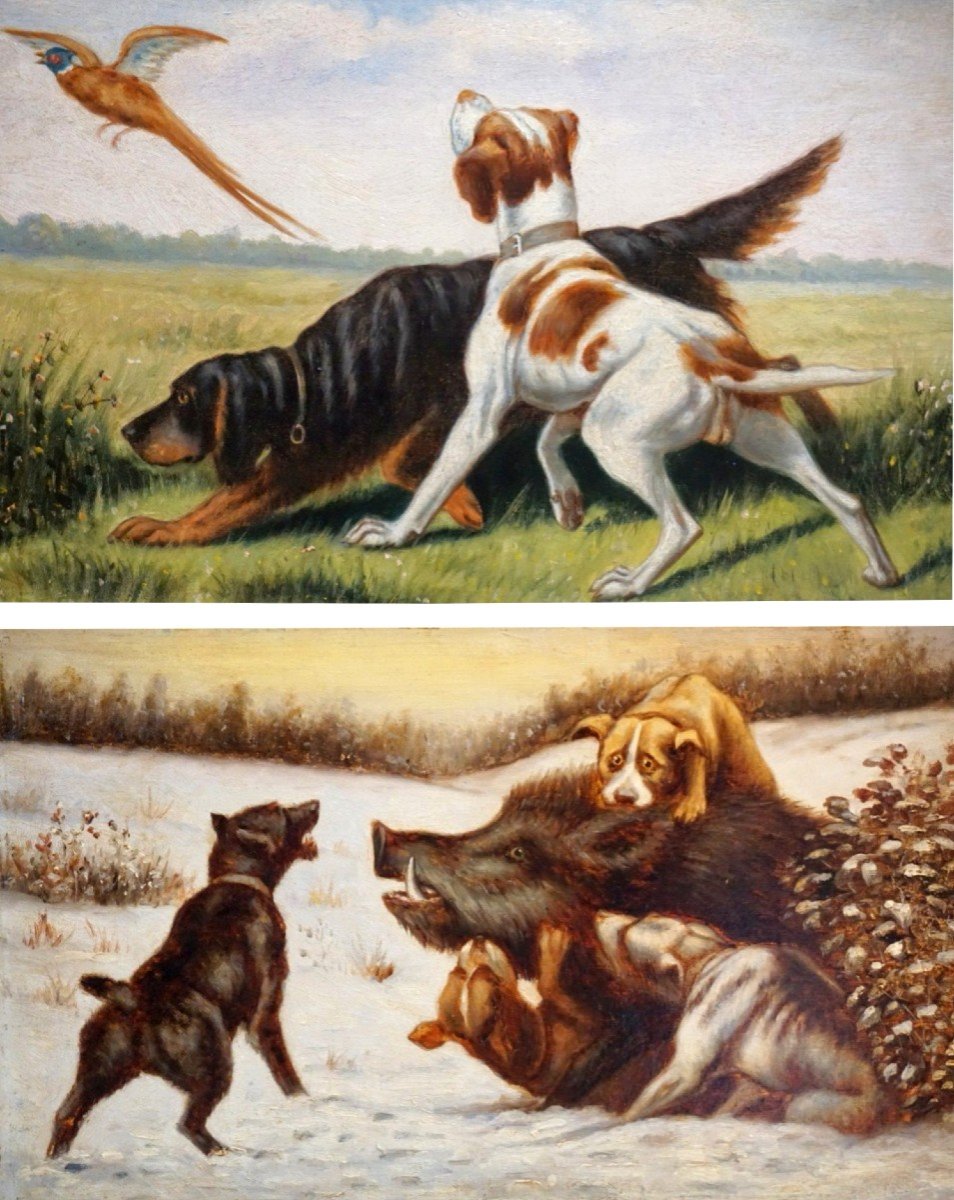 XIXème siècle / DEUX SCÈNES DE CHASSE FAISANT PENDANT/ huiles sur carton 