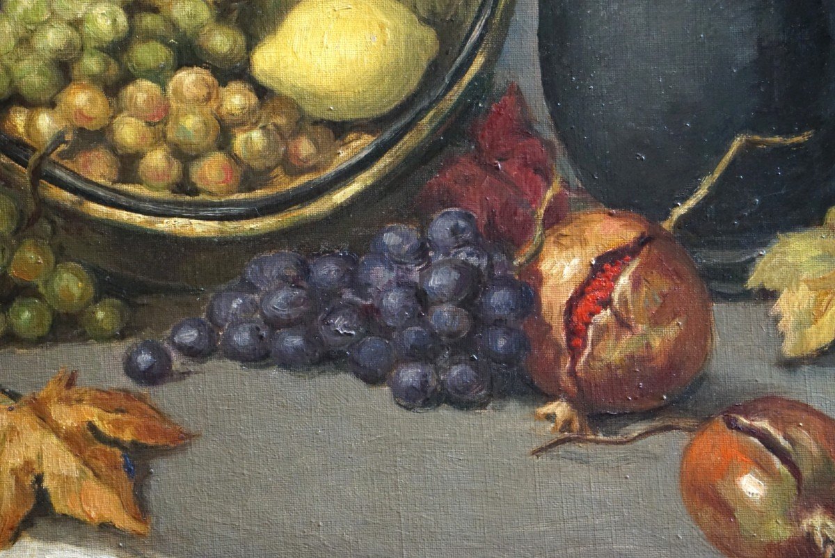 ANATOLA SOUNGOUROFF (1911-1982) /  NATURE MORTE AUX FRUITS D' AUTOMNE / huile sur toile-photo-3