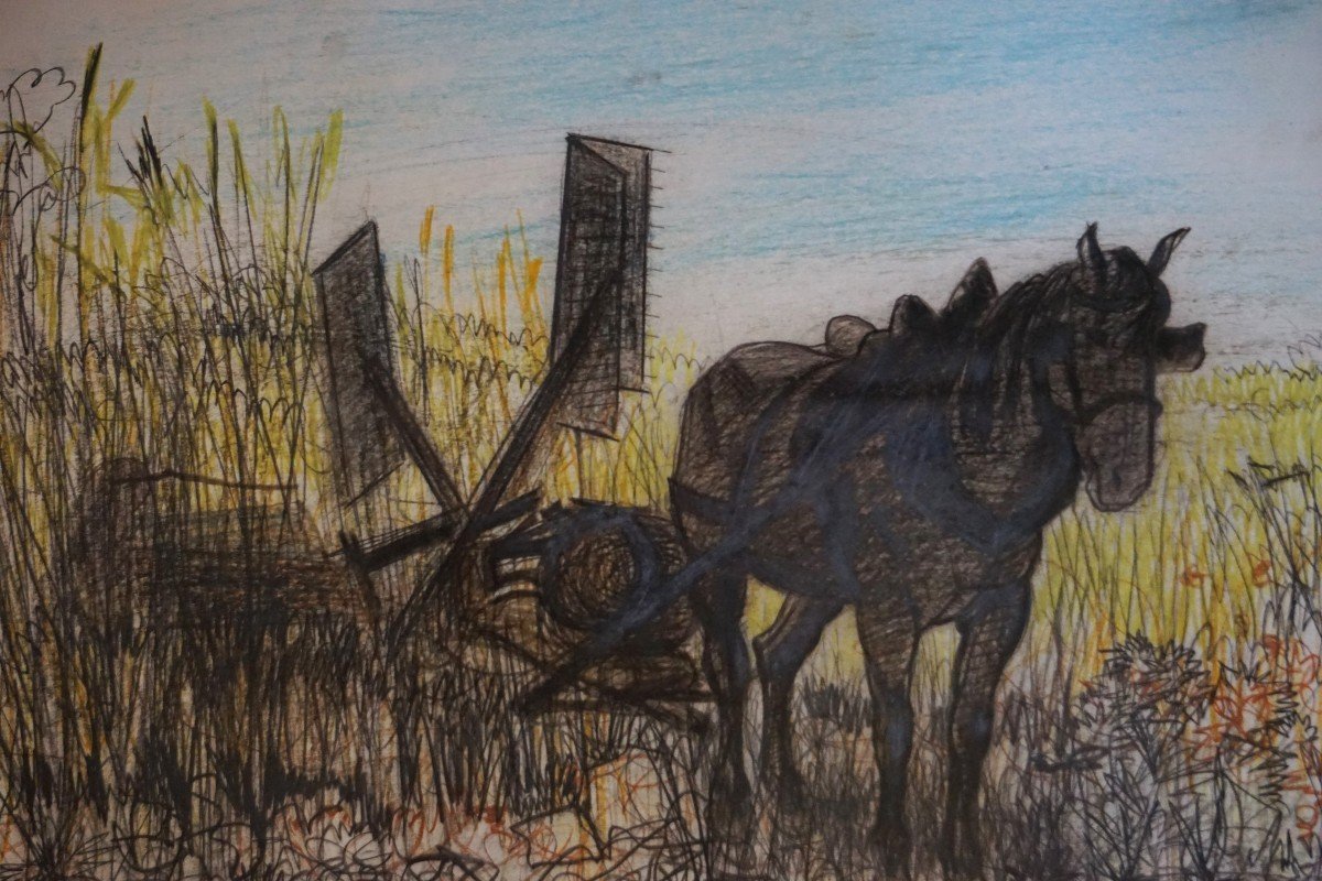JEAN BURKHALTER (1895-1982) / MOISSON À L' ANCIENNE / Dessin au pastel-photo-2
