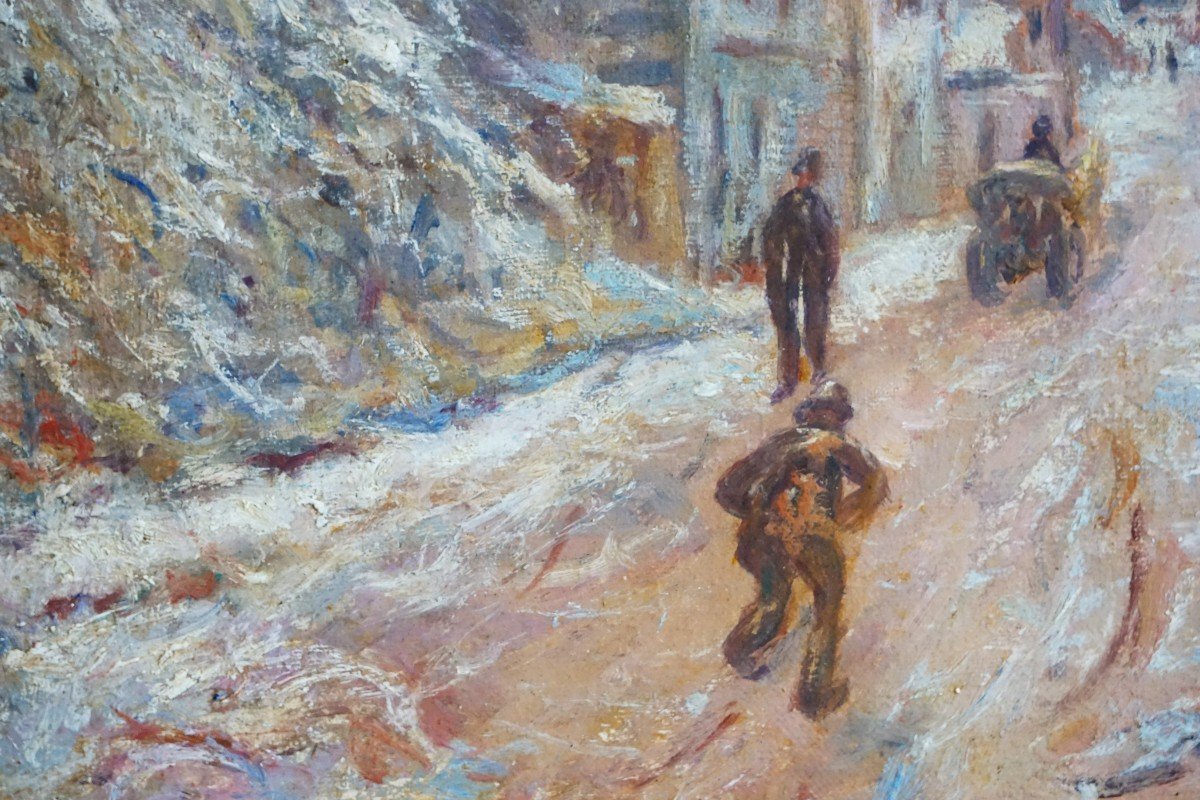 RUE DU VILLAGE DE VÉTHEUIL EN HIVER ( REPRISE DE CLAUDE MONET ) / milieu du XX ème siècle / huile sur toile-photo-1