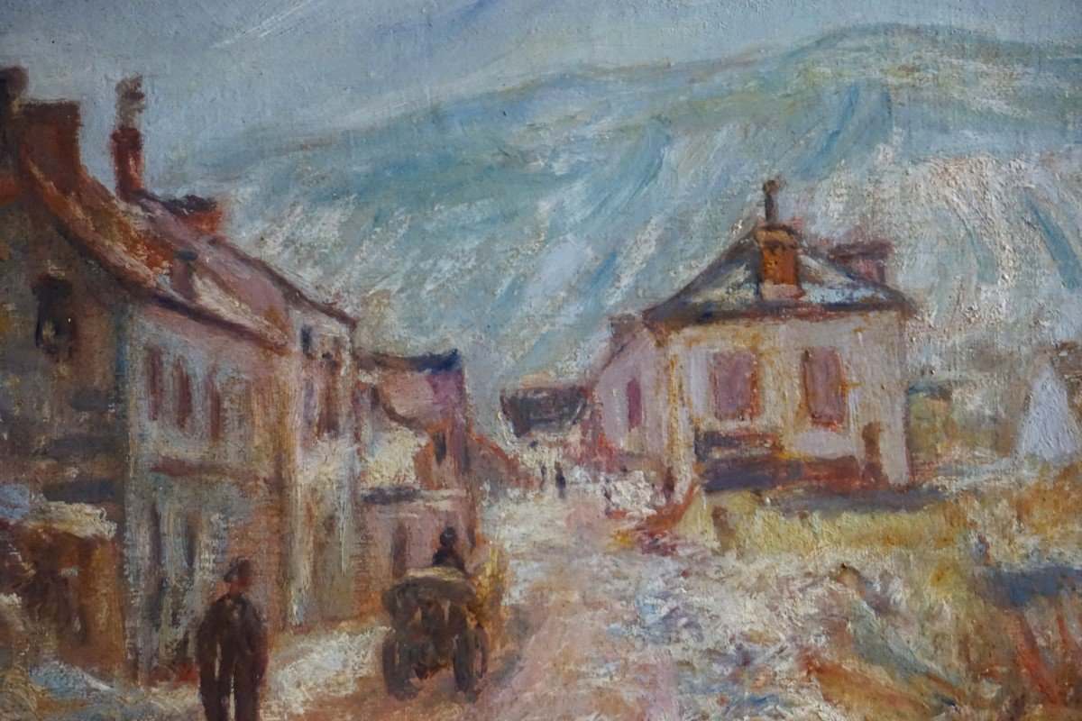 RUE DU VILLAGE DE VÉTHEUIL EN HIVER ( REPRISE DE CLAUDE MONET ) / milieu du XX ème siècle / huile sur toile-photo-2