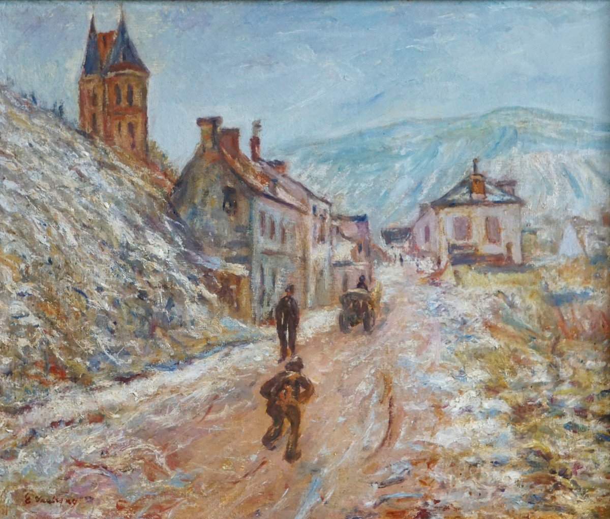 RUE DU VILLAGE DE VÉTHEUIL EN HIVER ( REPRISE DE CLAUDE MONET ) / milieu du XX ème siècle / huile sur toile