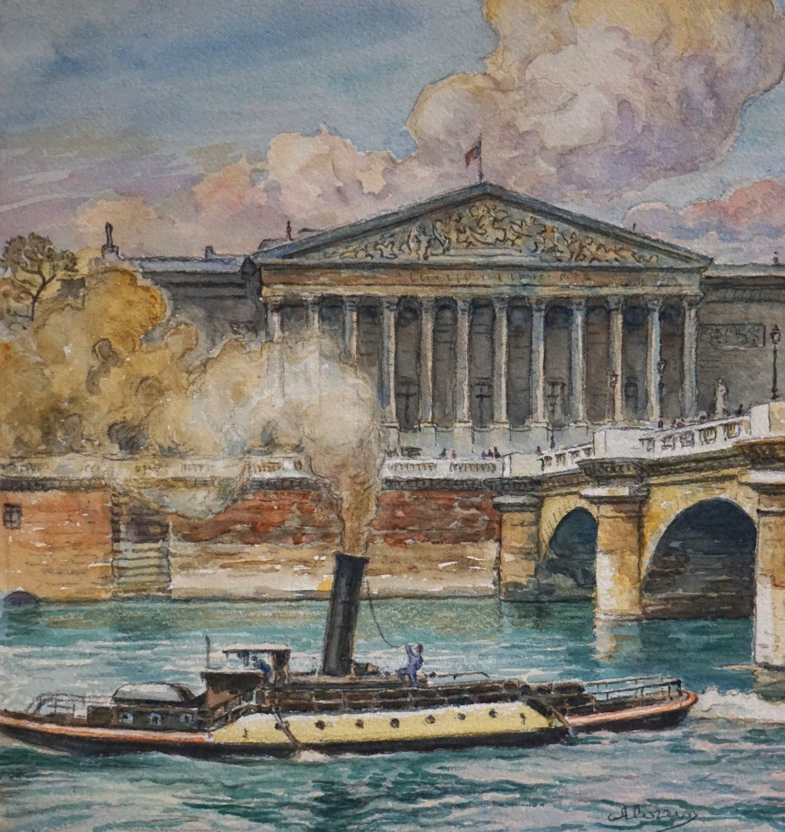 Paris / National Assembly And The Seine / 1930s / Gouache